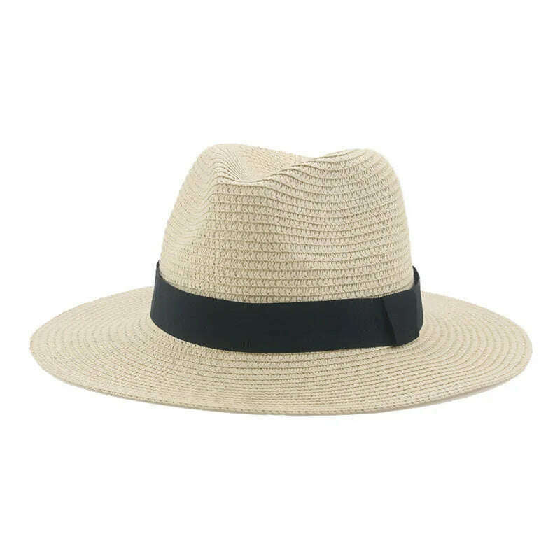 Black Ribbon Panama Straw Hat Flat Eaves Outdoor Spring and Summer Sunshade Beach Hats for Women - KIMLUD