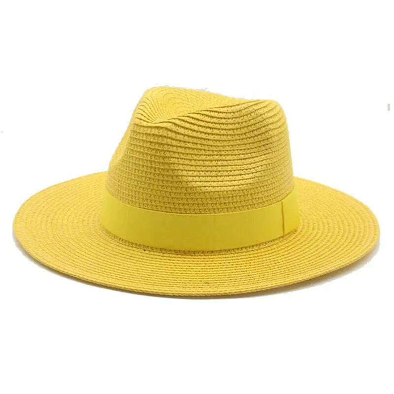 KIMLUD, Black Ribbon Panama Straw Hat Flat Eaves Outdoor Spring and Summer Sunshade Beach Hats for Women, Yellow, KIMLUD APPAREL - Womens Clothes