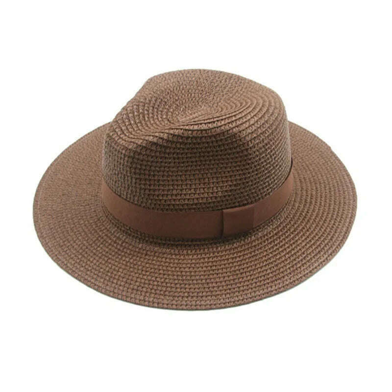 KIMLUD, Black Ribbon Panama Straw Hat Flat Eaves Outdoor Spring and Summer Sunshade Beach Hats for Women, Coffee color, KIMLUD APPAREL - Womens Clothes