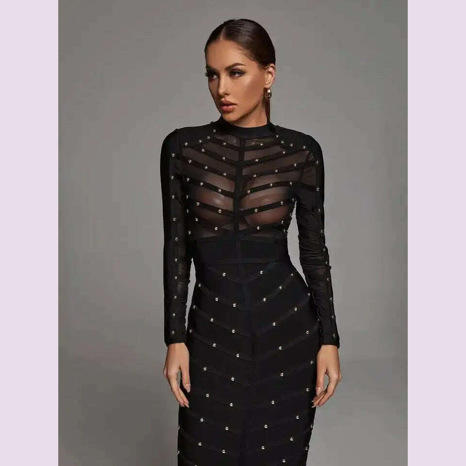 KIMLUD, Black Sexy See Through Rivet Bandage Dresses Women 2023 Mesh Long Sleeve Stripe Waist Party Dress Elegant Bodycon Outfit BA046, black / S, KIMLUD APPAREL - Womens Clothes