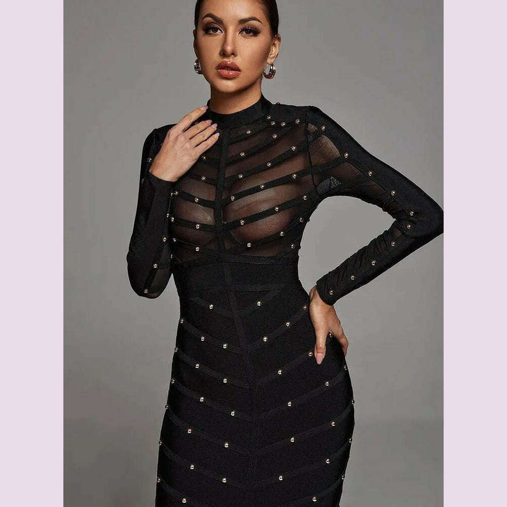 KIMLUD, Black Sexy See Through Rivet Bandage Dresses Women 2023 Mesh Long Sleeve Stripe Waist Party Dress Elegant Bodycon Outfit BA046, KIMLUD Womens Clothes