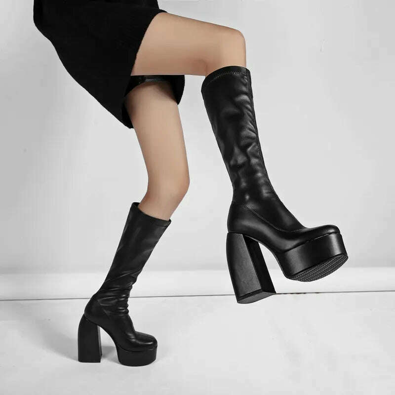 KIMLUD, Black Thick Heels Elastic Micro Knee High Boots For Women Punk Style Autumn Winter Chunky Platform High Boots Party Shoes Ladies, KIMLUD Womens Clothes