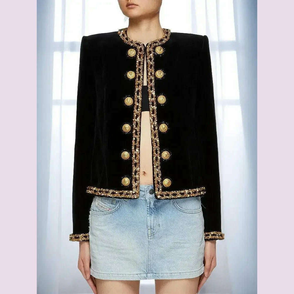 KIMLUD, Black Velvet Jacket Women 2024 New Designer Beaded Sequins Chain Velvet Short Cardigan Coat New in Outerwears Jackets Blazer, KIMLUD Womens Clothes