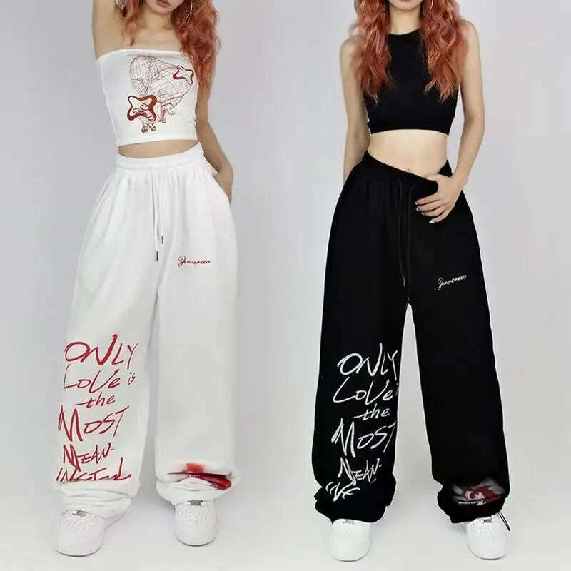 Black White Drawstring Design Sweatpants Women High Street Hip-hop Wide Leg Pants Women New Summer All-match Long Trousers - KIMLUD