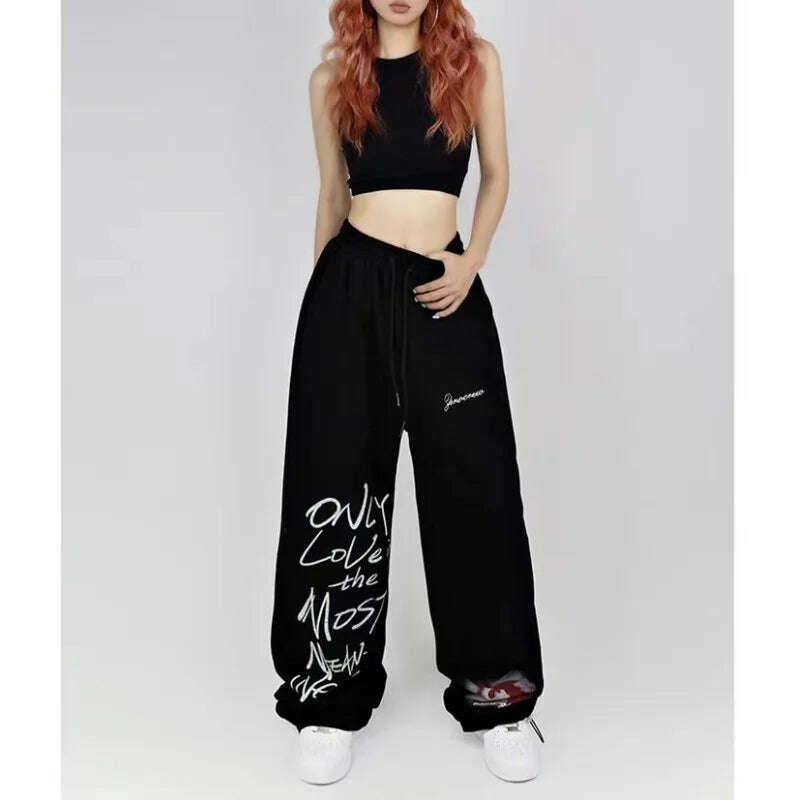 Black White Drawstring Design Sweatpants Women High Street Hip-hop Wide Leg Pants Women New Summer All-match Long Trousers - KIMLUD