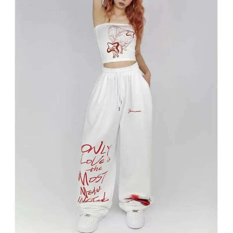 Black White Drawstring Design Sweatpants Women High Street Hip-hop Wide Leg Pants Women New Summer All-match Long Trousers - KIMLUD