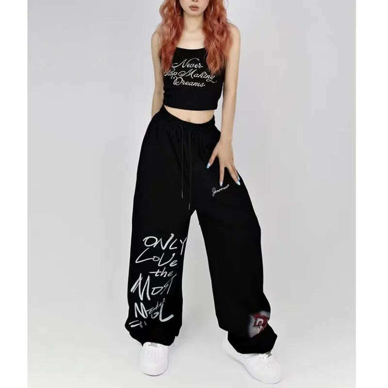 Black White Drawstring Design Sweatpants Women High Street Hip-hop Wide Leg Pants Women New Summer All-match Long Trousers - KIMLUD