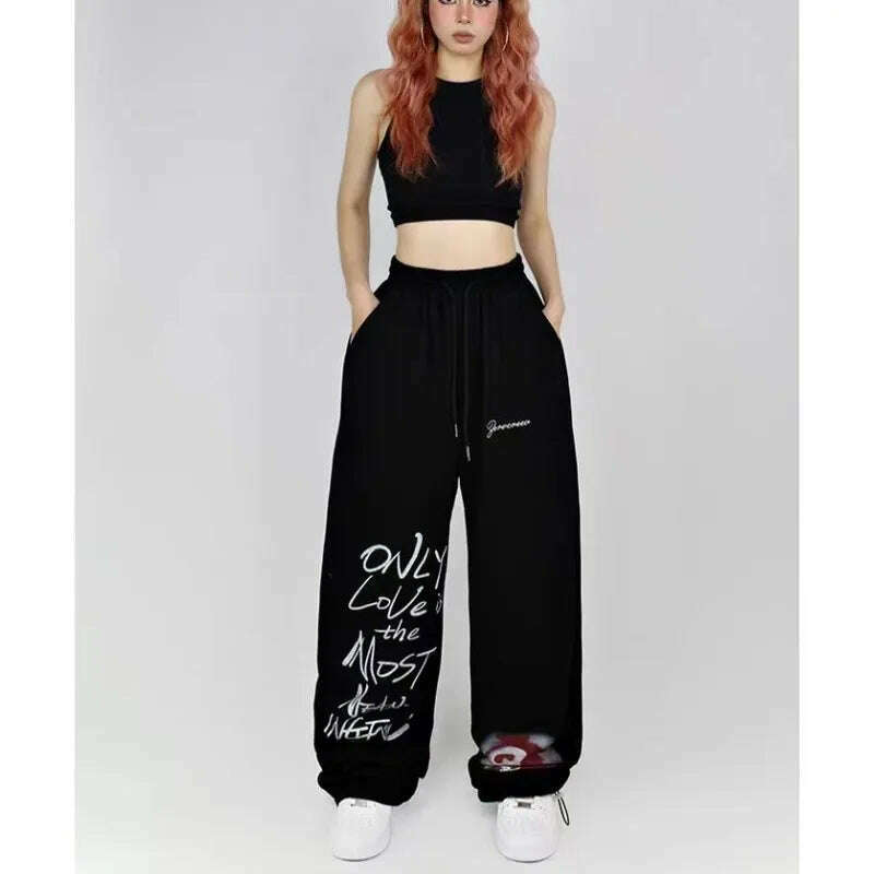 KIMLUD, Black White Drawstring Design Sweatpants Women High Street Hip-hop Wide Leg Pants Women New Summer All-match Long Trousers, KIMLUD Womens Clothes