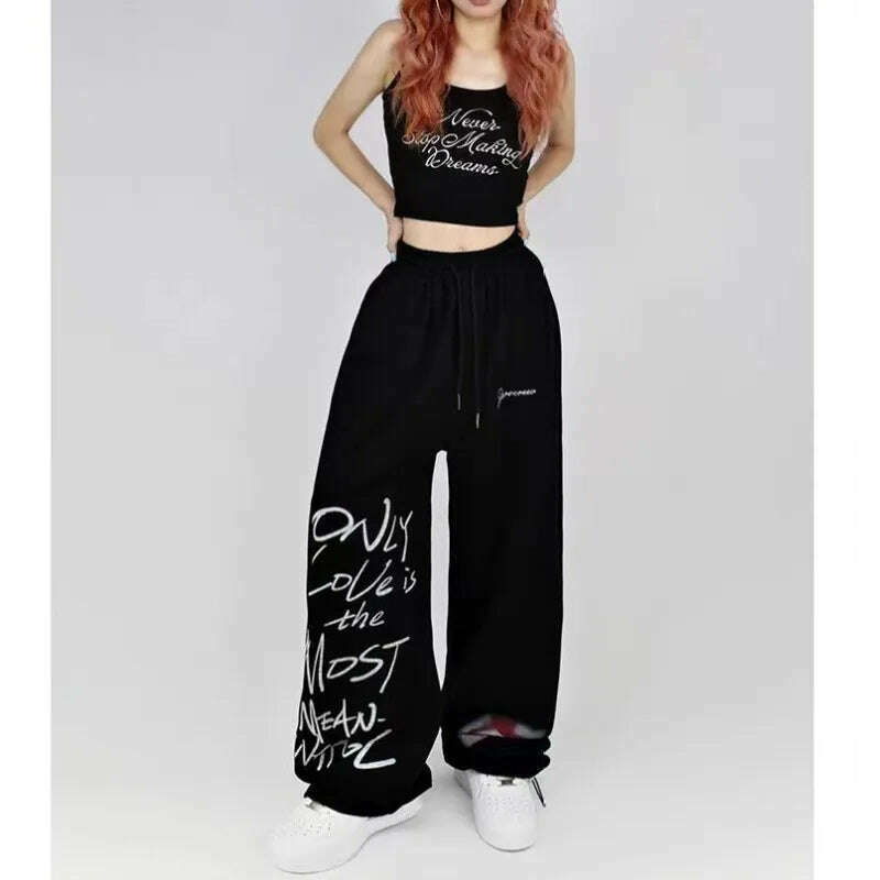 Black White Drawstring Design Sweatpants Women High Street Hip-hop Wide Leg Pants Women New Summer All-match Long Trousers - KIMLUD