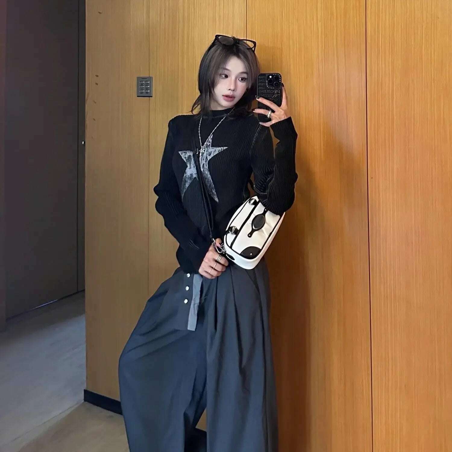 KIMLUD, Black Women Pullovers Vintage American Star-print Irregular Retro Vibe Knit Leisure Streetwear Harajuku Sweaters Y2k Students BF, KIMLUD Womens Clothes