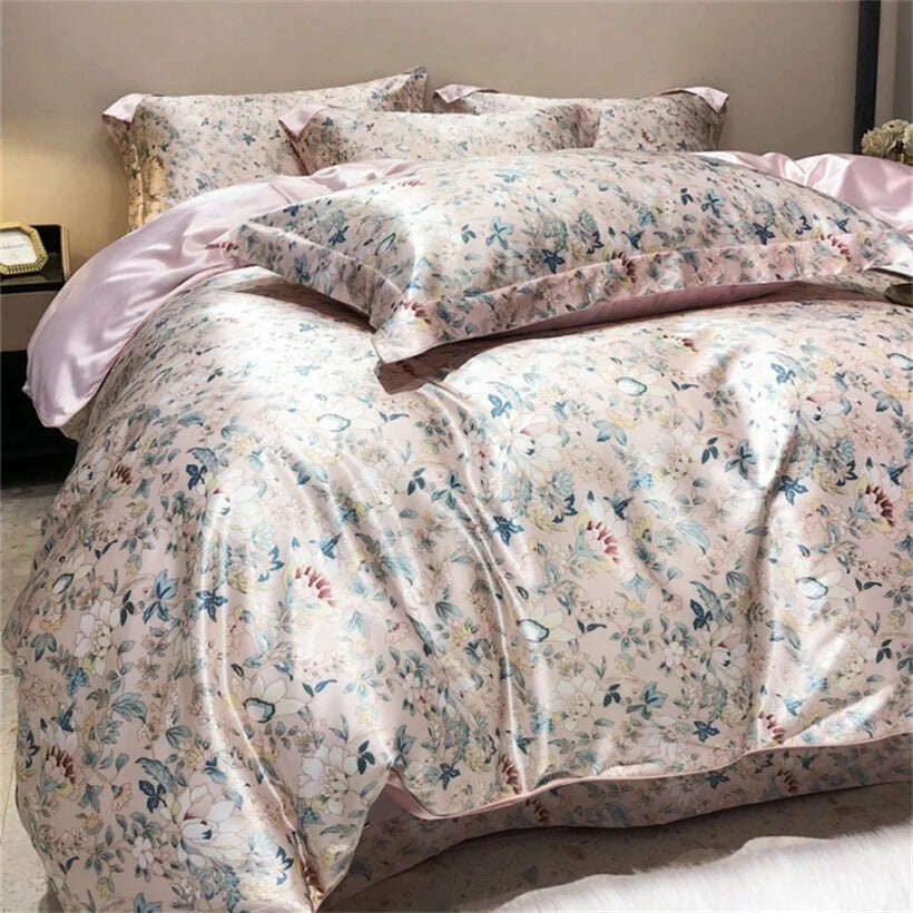 Blend Mulberry Silk 4 Pieces Bedding Set, 1PC Duvet Cover, 1PC Bed Sheet, 2PCS Pillowcases, Luxury Home Textiles Bedclothes - KIMLUD