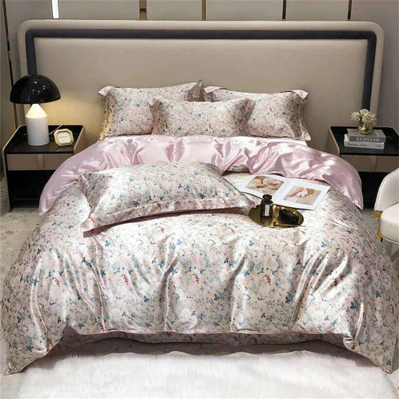 Blend Mulberry Silk 4 Pieces Bedding Set, 1PC Duvet Cover, 1PC Bed Sheet, 2PCS Pillowcases, Luxury Home Textiles Bedclothes - KIMLUD