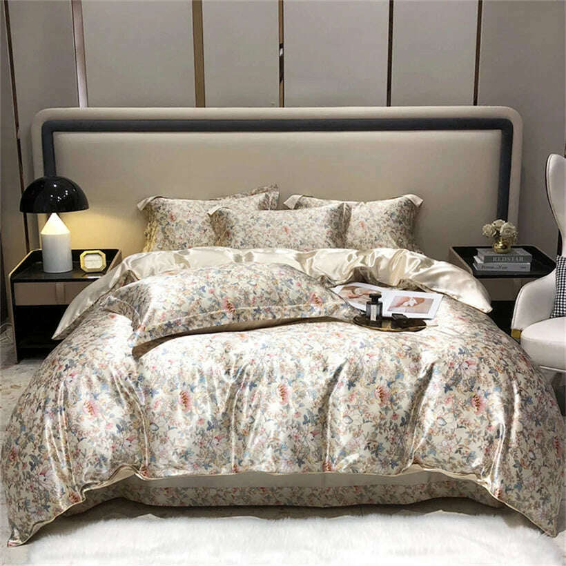 Blend Mulberry Silk 4 Pieces Bedding Set, 1PC Duvet Cover, 1PC Bed Sheet, 2PCS Pillowcases, Luxury Home Textiles Bedclothes - KIMLUD