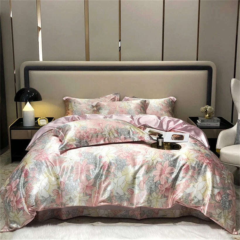 Blend Mulberry Silk 4 Pieces Bedding Set, 1PC Duvet Cover, 1PC Bed Sheet, 2PCS Pillowcases, Luxury Home Textiles Bedclothes - KIMLUD