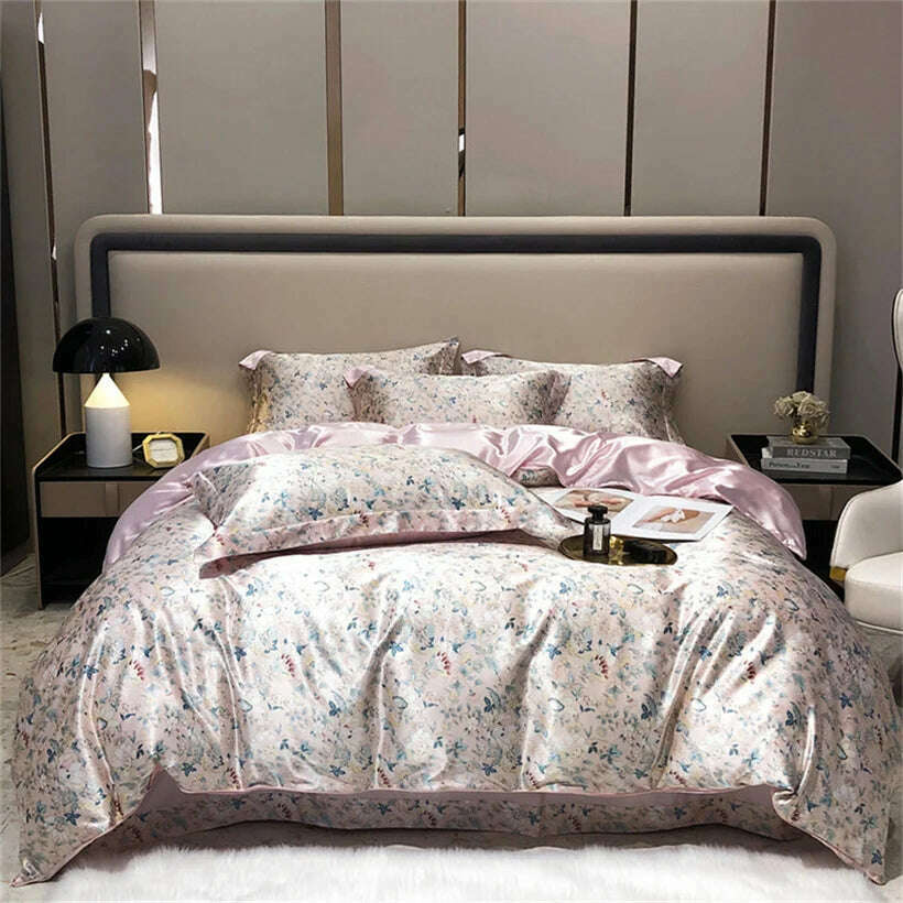 Blend Mulberry Silk 4 Pieces Bedding Set, 1PC Duvet Cover, 1PC Bed Sheet, 2PCS Pillowcases, Luxury Home Textiles Bedclothes - KIMLUD