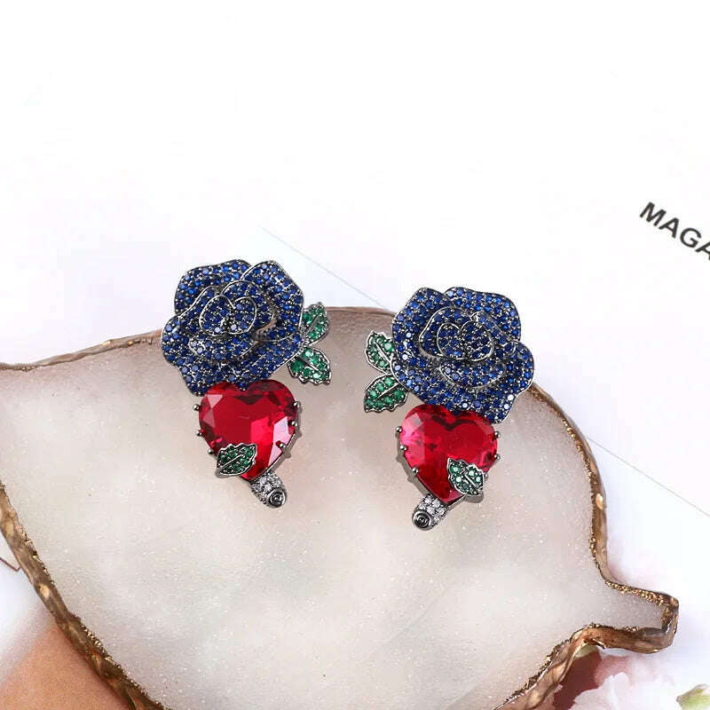 Blincolor Fashion Green Leaf Heart and Red Rrose Flower Luxury Earring Dangle - KIMLUD