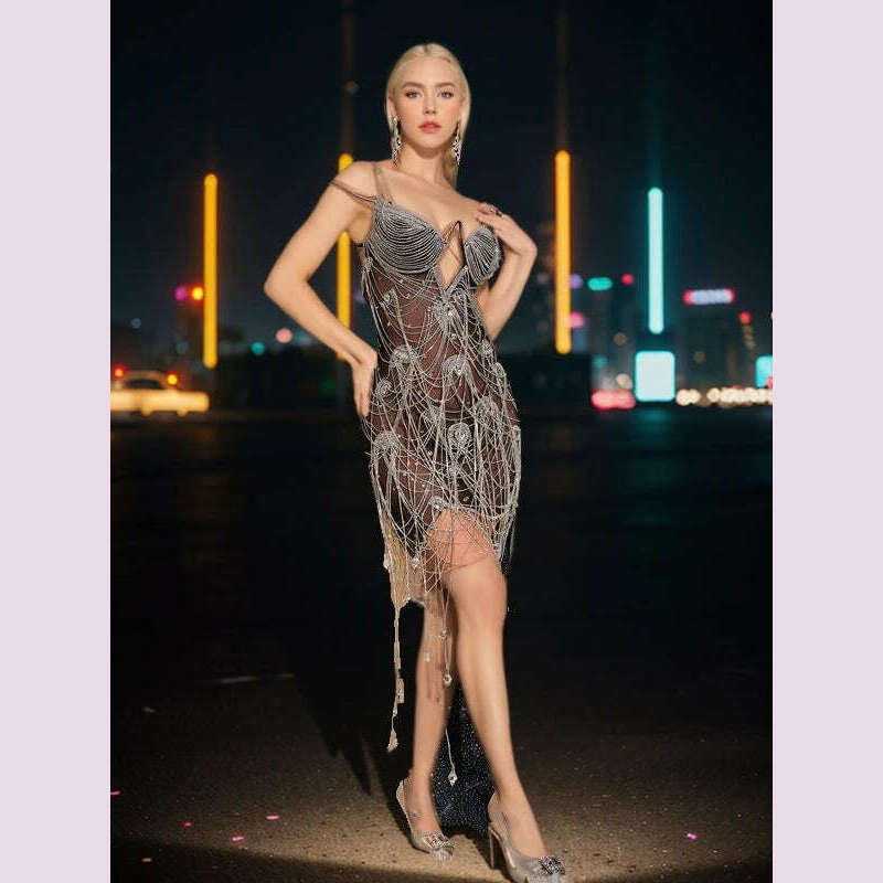 Bling Rhinestones Fringes Spaghetti Straps Dress Women Celebrate Birthday Evening Dress Prom Outfit Sexy See Through Show Wear - KIMLUD