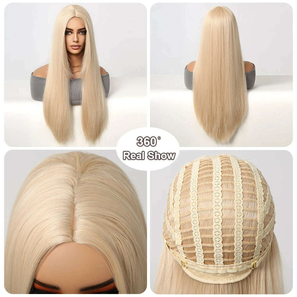 Blonde Golden Synthetic Wigs Long Straight Hair Natural Wig for Women Middle Part Wigs Cosplay Party Heat Resistant Fake Hair - KIMLUD