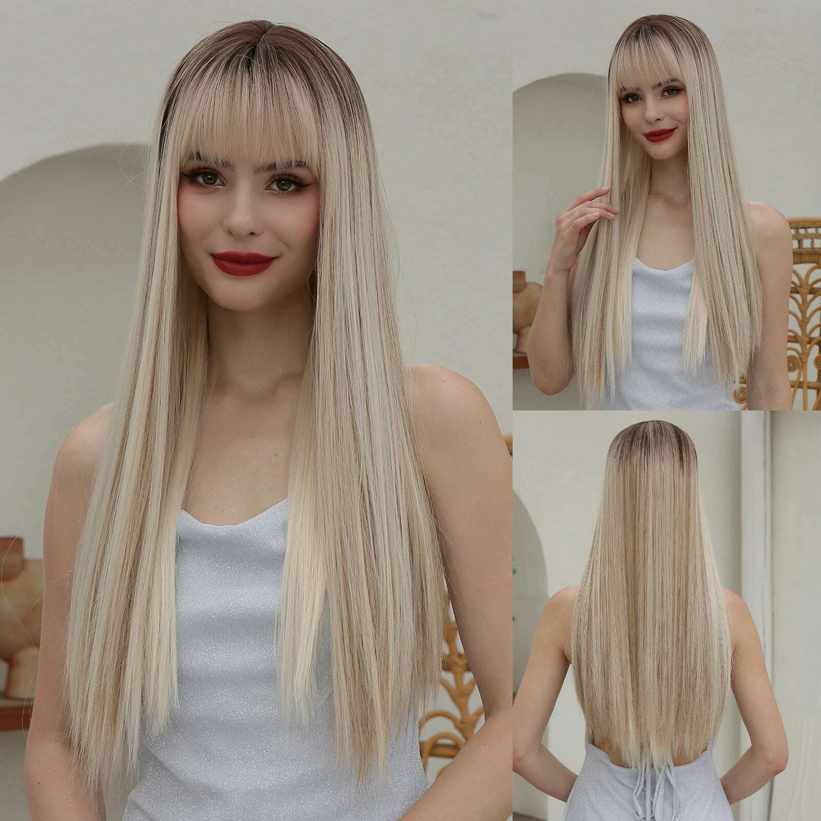 Blonde Golden Synthetic Wigs Long Straight Hair Natural Wig for Women Middle Part Wigs Cosplay Party Heat Resistant Fake Hair - KIMLUD