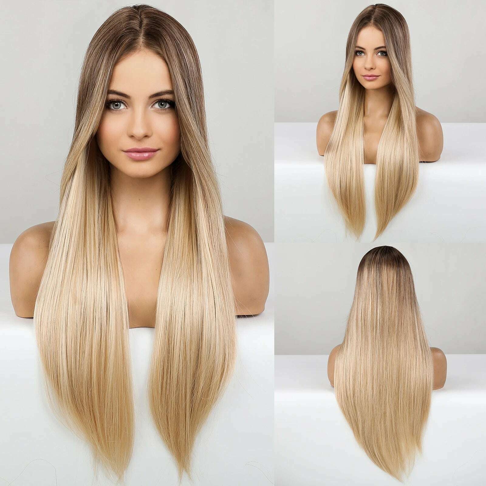 Blonde Golden Synthetic Wigs Long Straight Hair Natural Wig for Women Middle Part Wigs Cosplay Party Heat Resistant Fake Hair - KIMLUD