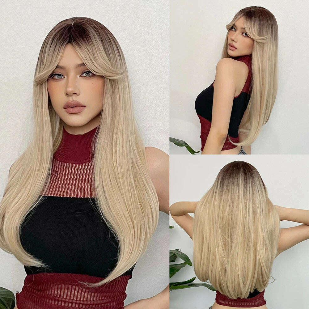 Blonde Golden Synthetic Wigs Long Straight Hair Natural Wig for Women Middle Part Wigs Cosplay Party Heat Resistant Fake Hair - KIMLUD