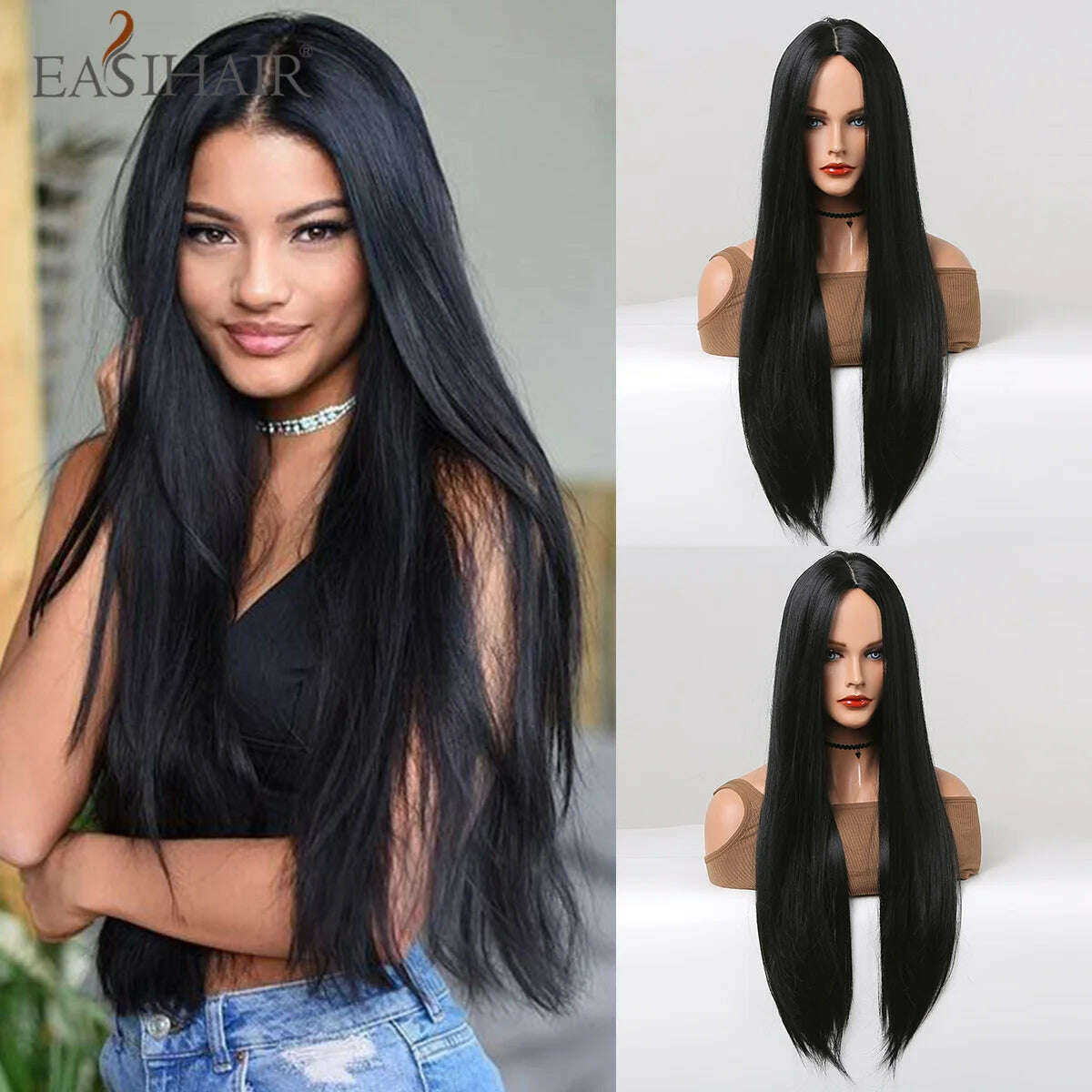 Blonde Golden Synthetic Wigs Long Straight Hair Natural Wig for Women Middle Part Wigs Cosplay Party Heat Resistant Fake Hair - KIMLUD