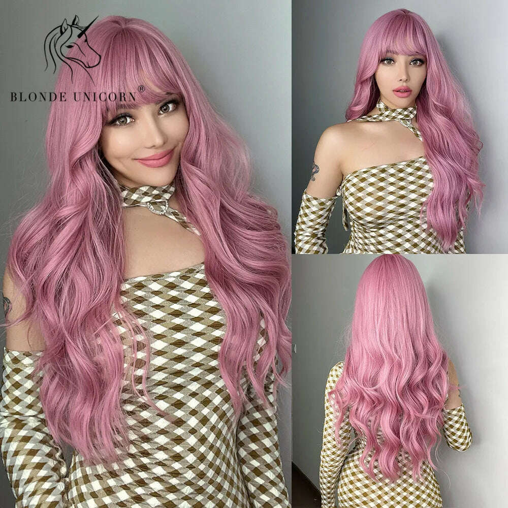 Blonde Unicorn Synthetic Long Wavy Wig Ombre Purple to Blue For WOMEN Cosplay halloween Wigs Heat Resistant Fiber Bangs Hair - KIMLUD