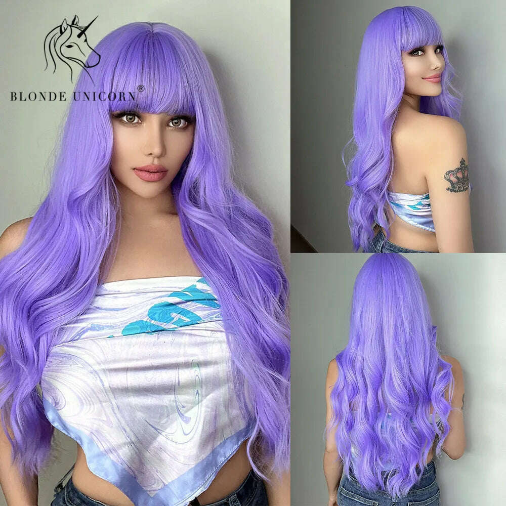 Blonde Unicorn Synthetic Long Wavy Wig Ombre Purple to Blue For WOMEN Cosplay halloween Wigs Heat Resistant Fiber Bangs Hair - KIMLUD