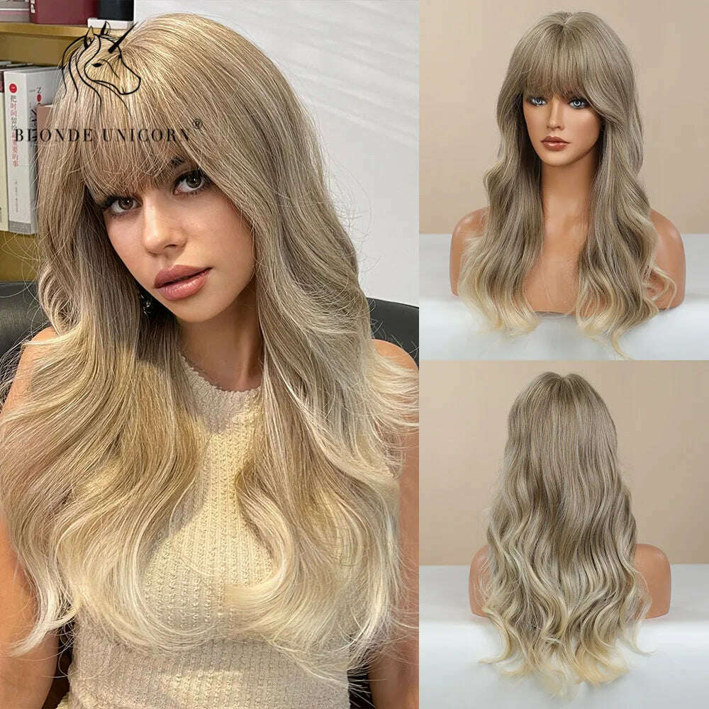 Blonde Unicorn Synthetic Long Wavy Wig Ombre Purple to Blue For WOMEN Cosplay halloween Wigs Heat Resistant Fiber Bangs Hair - KIMLUD