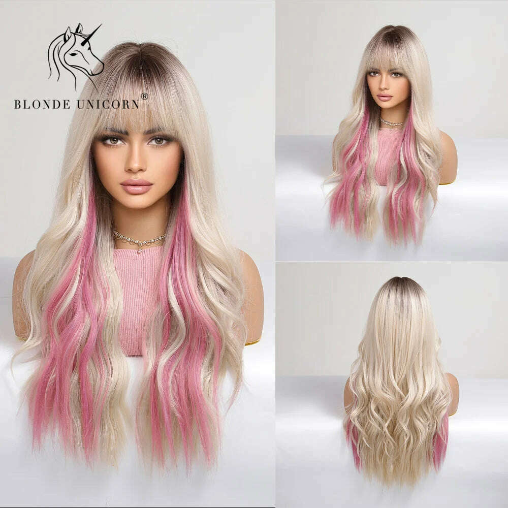 Blonde Unicorn Synthetic Long Wavy Wig Ombre Purple to Blue For WOMEN Cosplay halloween Wigs Heat Resistant Fiber Bangs Hair - KIMLUD