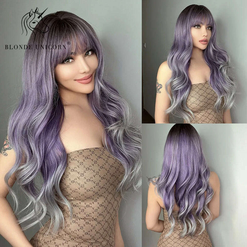 Blonde Unicorn Synthetic Long Wavy Wig Ombre Purple to Blue For WOMEN Cosplay halloween Wigs Heat Resistant Fiber Bangs Hair - KIMLUD