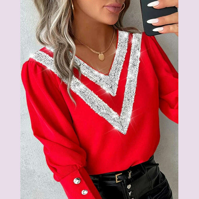 KIMLUD, blouse for Women 2023 Autumn Winter Sexy V Neck Tops Pullover Ladies Long Sleeve Contrast Sequin Buttoned Casual Loose Shirt, KIMLUD Womens Clothes