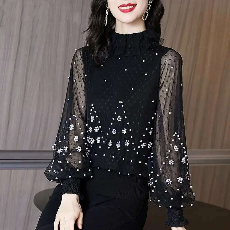 KIMLUD, Blouse Women Chiffon Shirt Loose  Women's Clothing Bead Long Sleeve T-shirt Women's Top Blusas Mujer De Moda, Black / XL, KIMLUD APPAREL - Womens Clothes