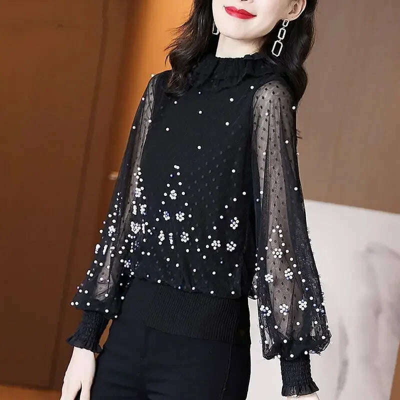 KIMLUD, Blouse Women Chiffon Shirt Loose  Women's Clothing Bead Long Sleeve T-shirt Women's Top Blusas Mujer De Moda, KIMLUD Womens Clothes