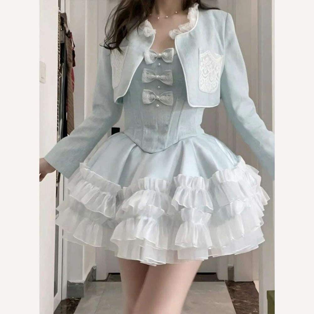 KIMLUD, Blue Sweet Kawaii Two Piece Set Women Summer Sexy Elegant Party Mini Dress Suits Female Lolita Cute Dress + Long Sleeve Coat New, suit / M, KIMLUD Womens Clothes