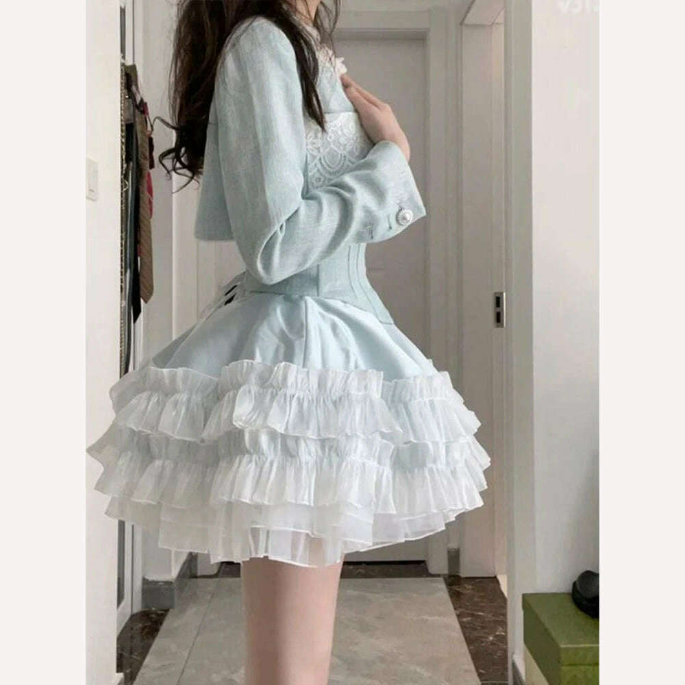 Blue Sweet Kawaii Two Piece Set Women Summer Sexy Elegant Party Mini Dress Suits Female Lolita Cute Dress + Long Sleeve Coat New - KIMLUD