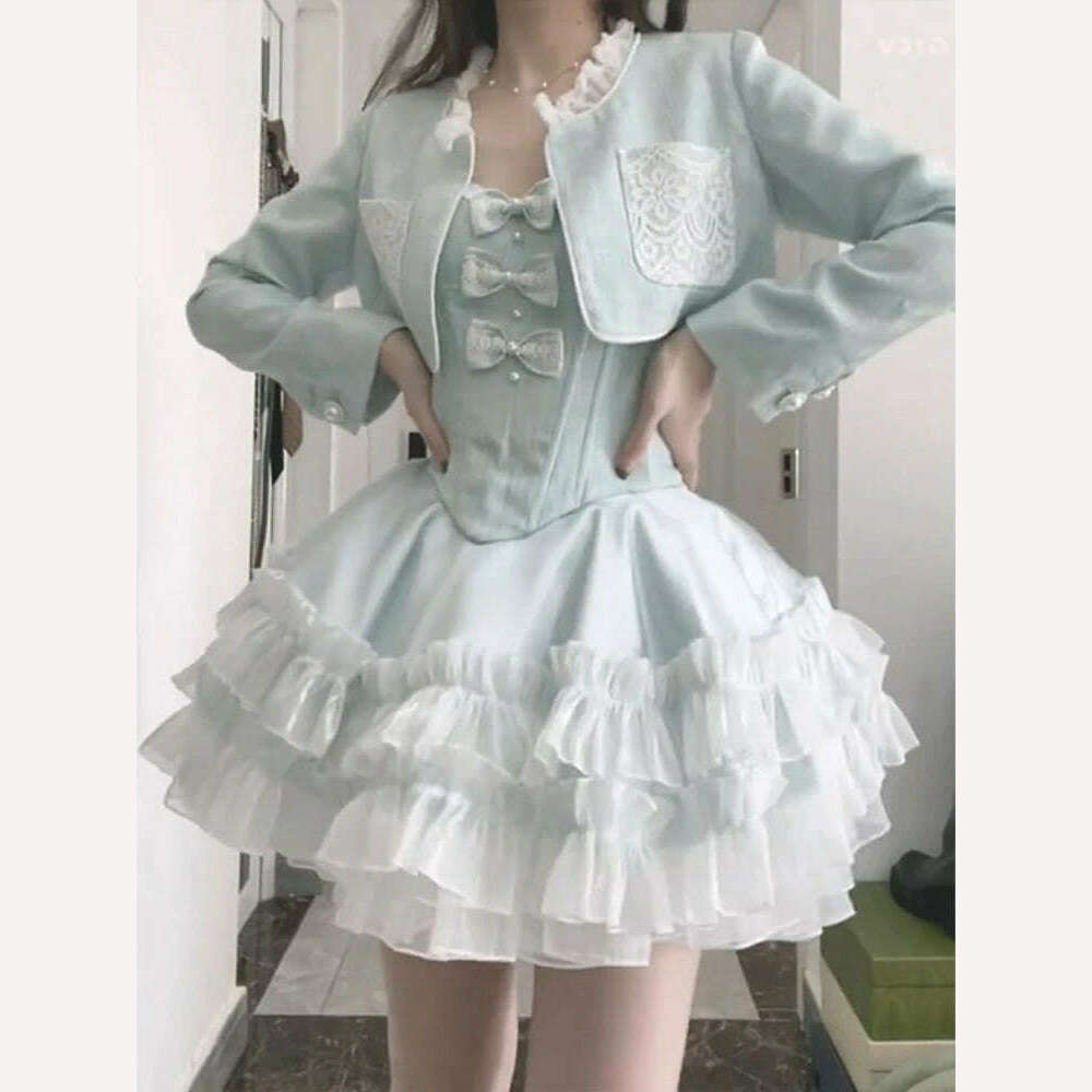 Blue Sweet Kawaii Two Piece Set Women Summer Sexy Elegant Party Mini Dress Suits Female Lolita Cute Dress + Long Sleeve Coat New - KIMLUD