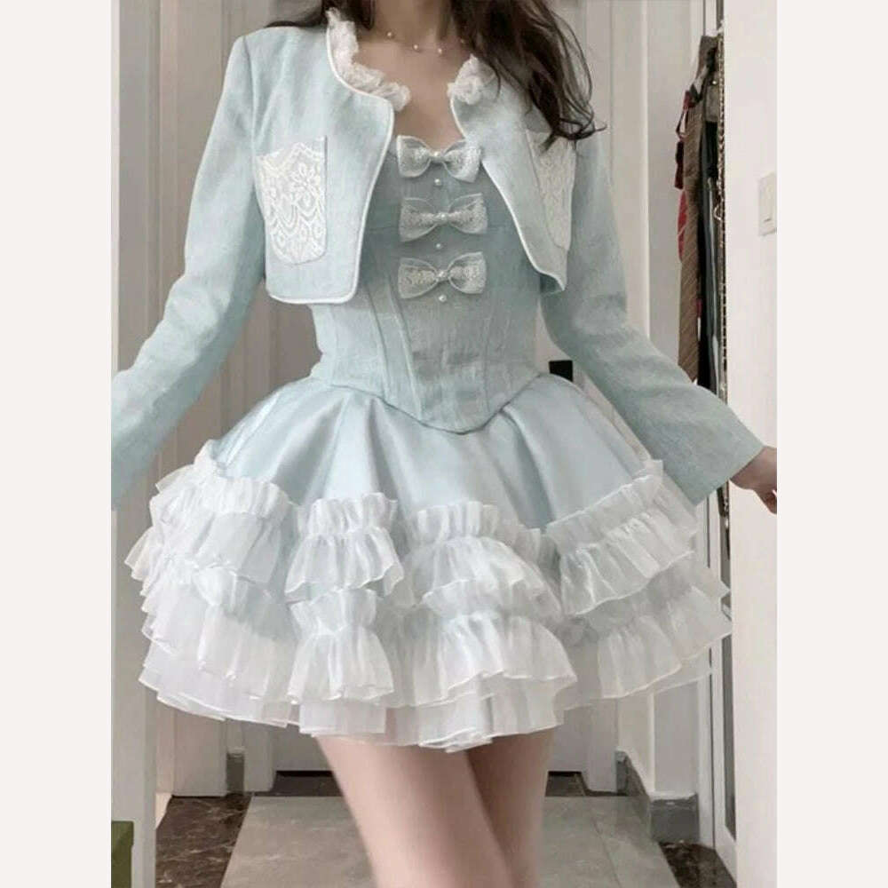 Blue Sweet Kawaii Two Piece Set Women Summer Sexy Elegant Party Mini Dress Suits Female Lolita Cute Dress + Long Sleeve Coat New - KIMLUD