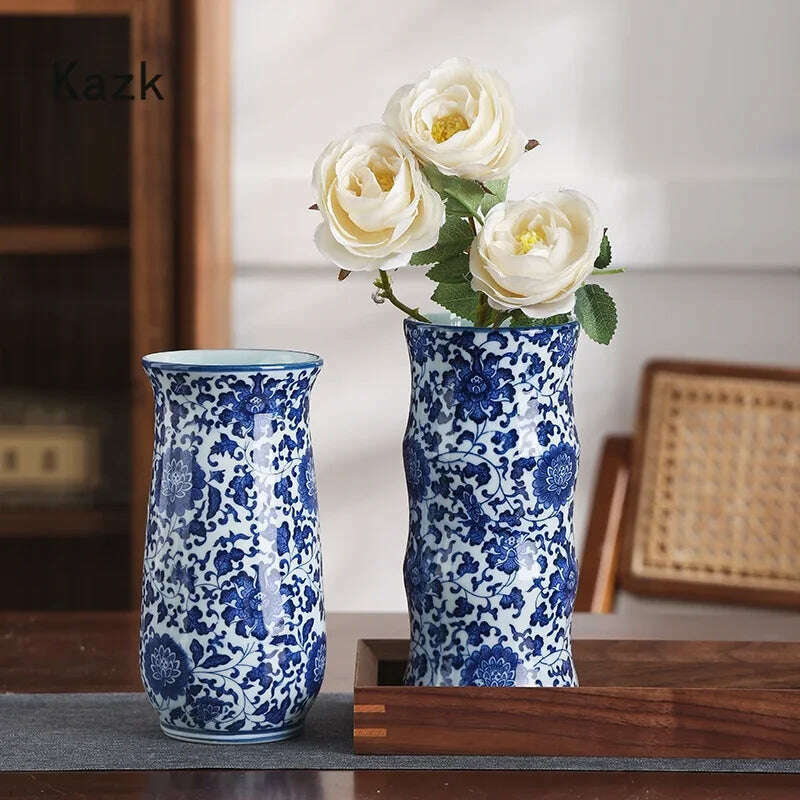 KIMLUD, Blue White Ceramic Vase Chinese Style Small Storage Antique Vases Living Room Desktop Straight Cylinder Flower Vase Decor, KIMLUD Womens Clothes