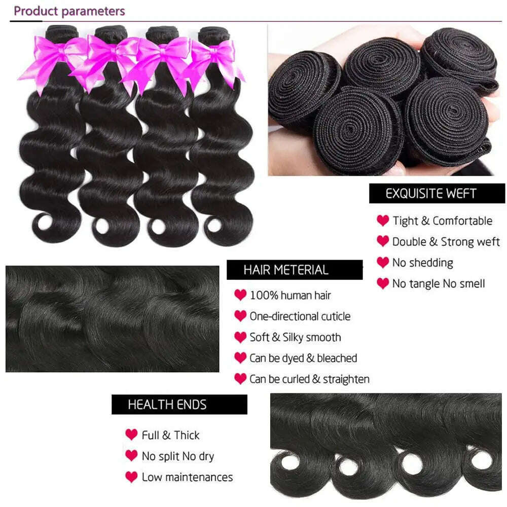 Body Wave Bundles Human Hair Brazilian Virgin Hair Loose Body Wave Extensions Unprocessed Human Hair Wavy Bundles Natural Black - KIMLUD