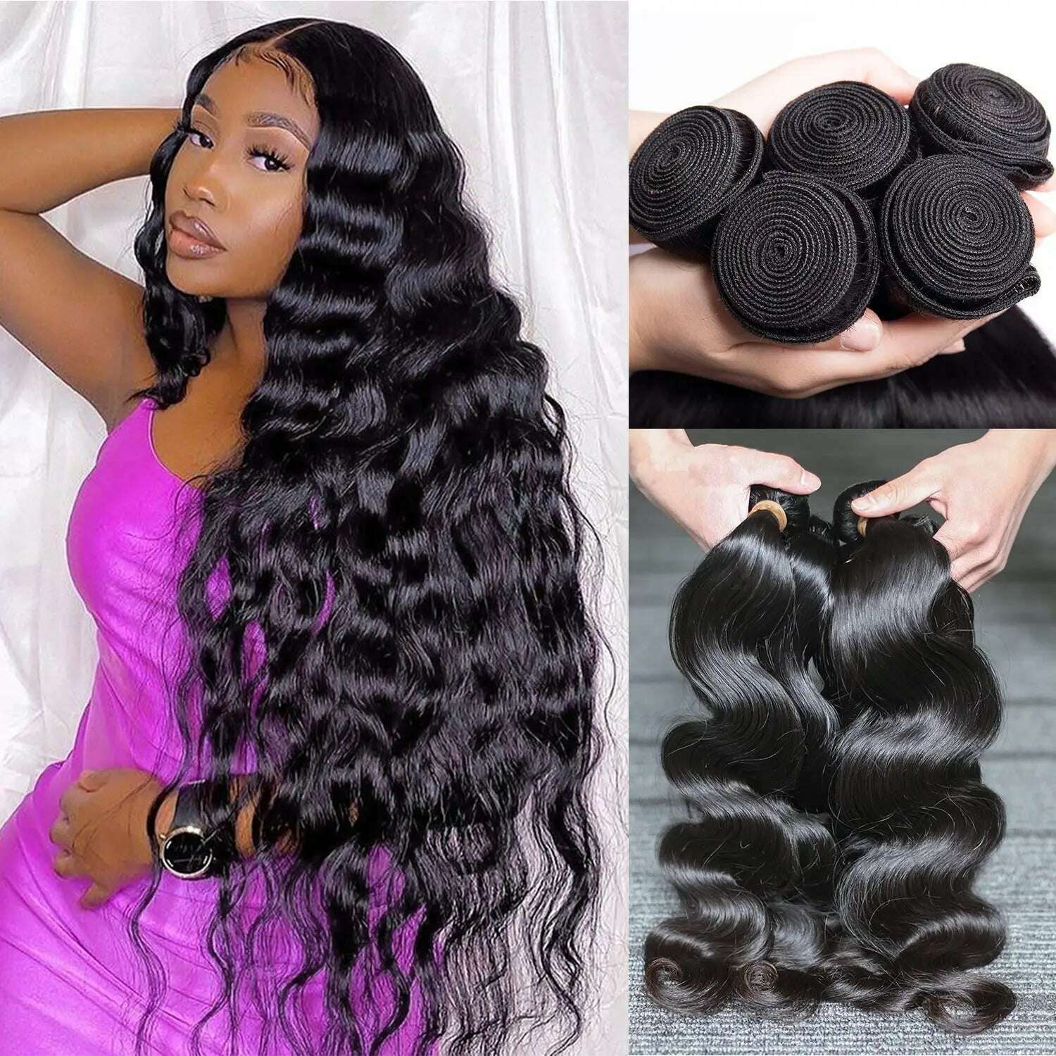 Body Wave Bundles Human Hair Brazilian Virgin Hair Loose Body Wave Extensions Unprocessed Human Hair Wavy Bundles Natural Black - KIMLUD