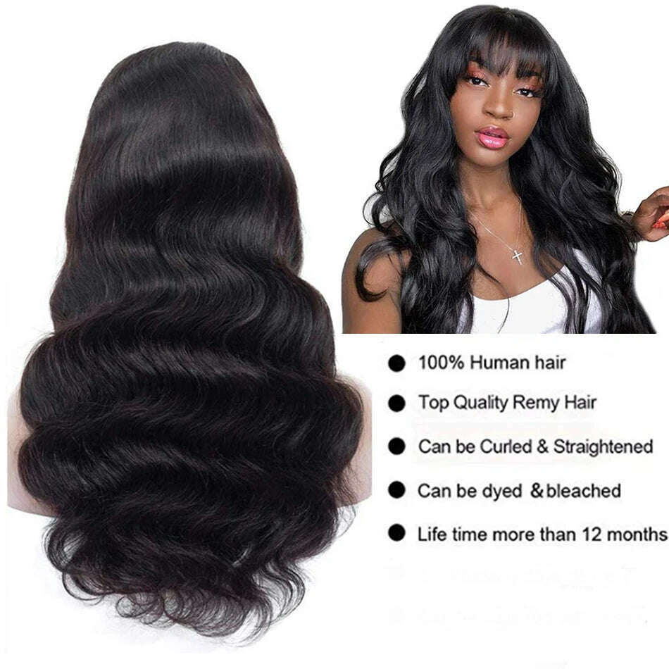 Body Wave Human Hair Wigs With Bangs Glueless Wig Pre Plucked Cheap Hair Wigs On Sale Clearance Full Machine Made Wig With Bang - KIMLUD