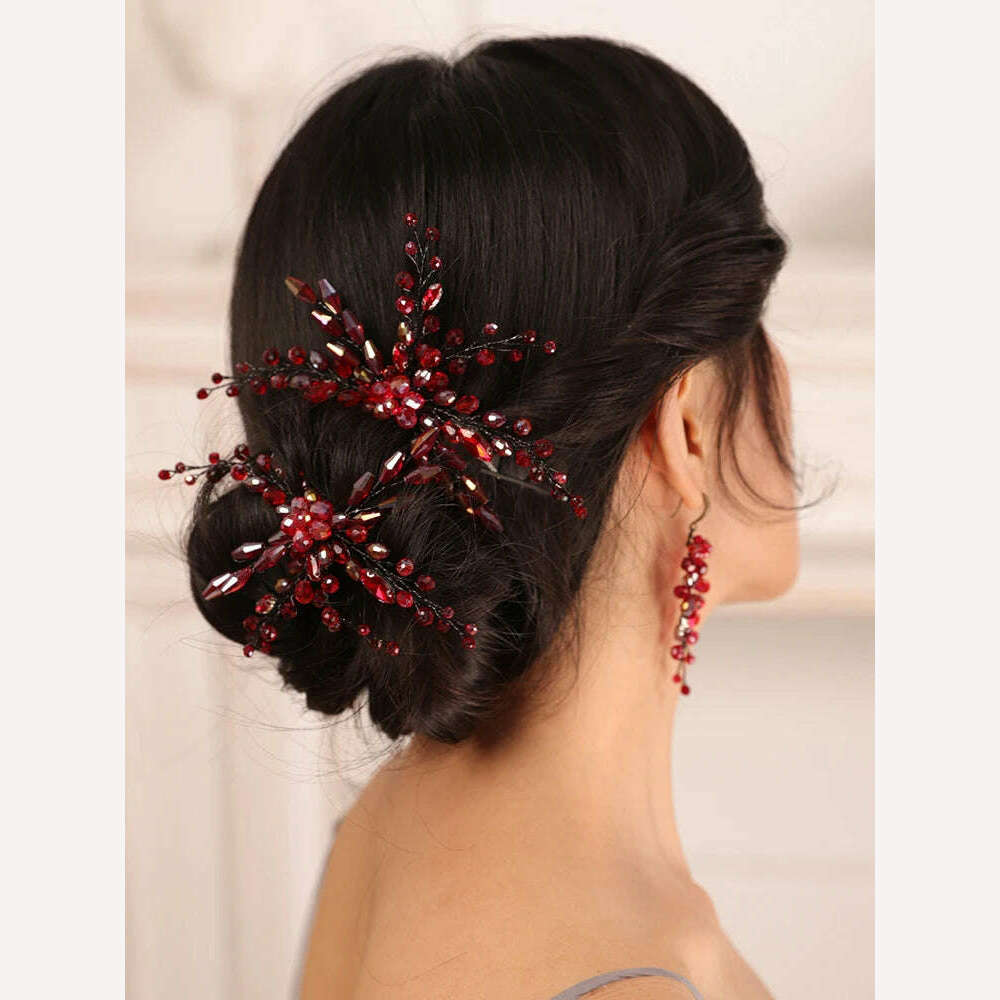 Bohe Red Black Bridal Headwear Crystal Hair pin and Earrings set Bride hair jewelry hat female wedding hair accessories - KIMLUD