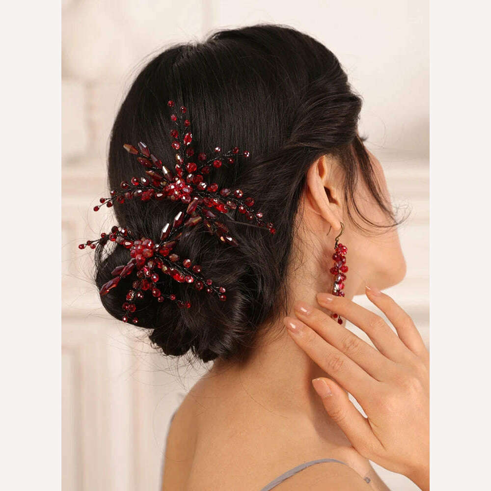 Bohe Red Black Bridal Headwear Crystal Hair pin and Earrings set Bride hair jewelry hat female wedding hair accessories - KIMLUD