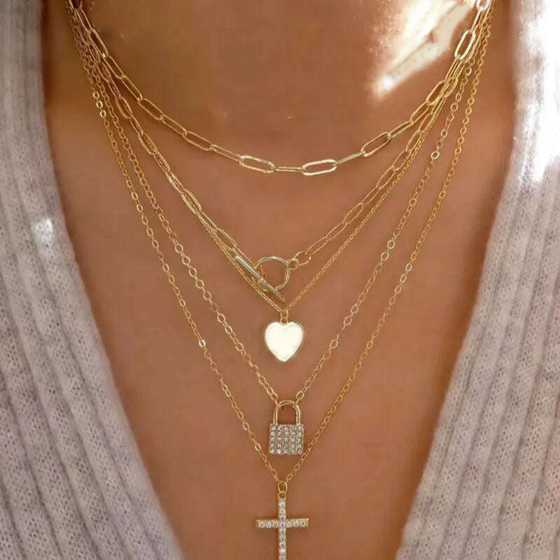 Bohemia Accessories Necklace For Women Trendy Multi-Layer Crystal Cross Lock Heart Pendant Necklaces Set Jewelry Gifts N0391 - KIMLUD