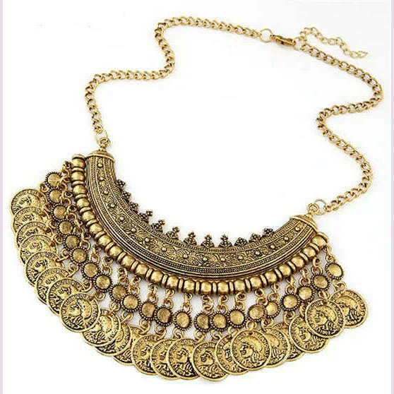 Bohemian Gypsy Coin Pendant Tribal Charms Indian Statement Tassel Necklace Ethnic Carved Coins Nice Chokers Necklaces for Women - KIMLUD