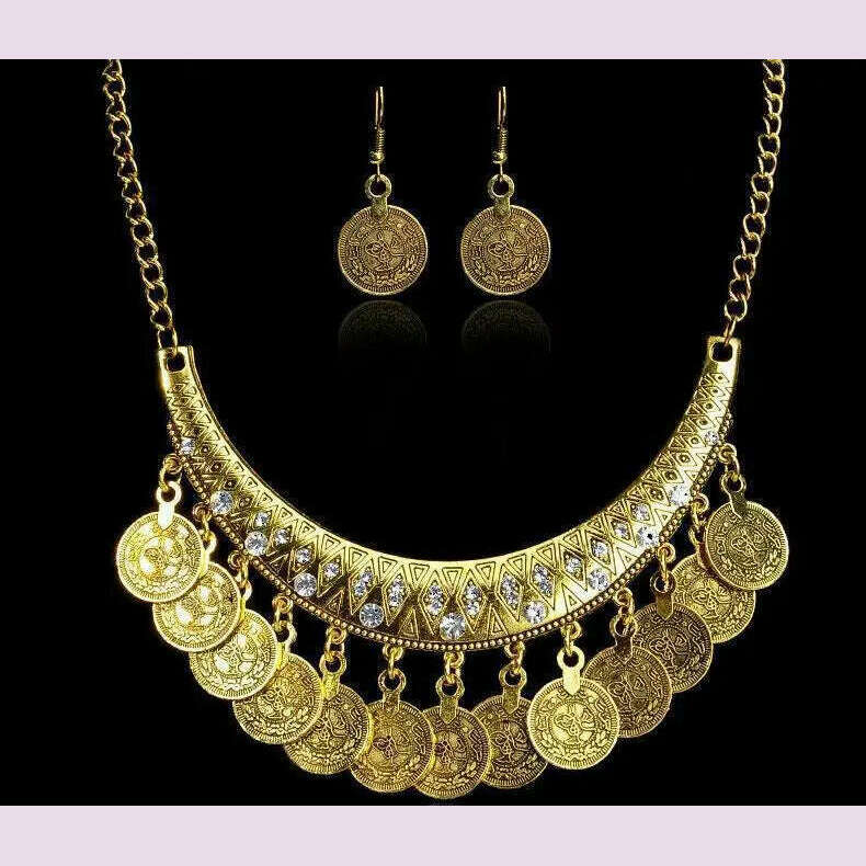 KIMLUD, Bohemian Gypsy Coin Pendant Tribal Charms Indian Statement Tassel  Necklace Ethnic Carved Coins Nice Chokers Necklaces for Women, SKU2615AncientGold, KIMLUD APPAREL - Womens Clothes