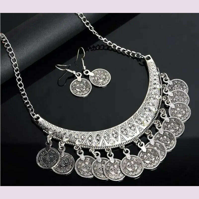 KIMLUD, Bohemian Gypsy Coin Pendant Tribal Charms Indian Statement Tassel  Necklace Ethnic Carved Coins Nice Chokers Necklaces for Women, SKU2615AncientSilver, KIMLUD APPAREL - Womens Clothes