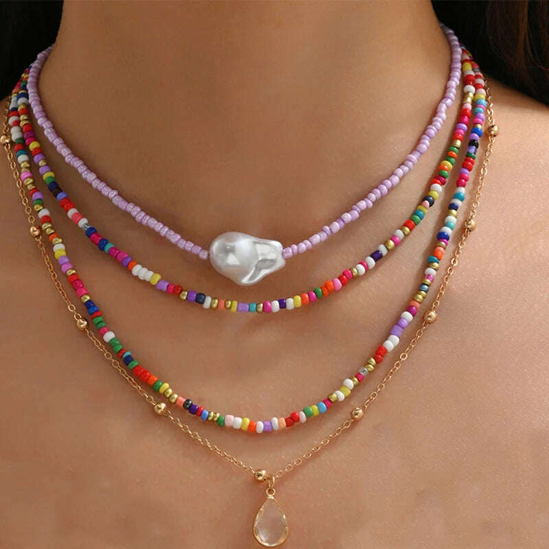 Bohemian Multilayer Handmade Beads Chain Fashion Necklaces Drop Crystal Pendant Jewelry For Women Accessories X0194 - KIMLUD