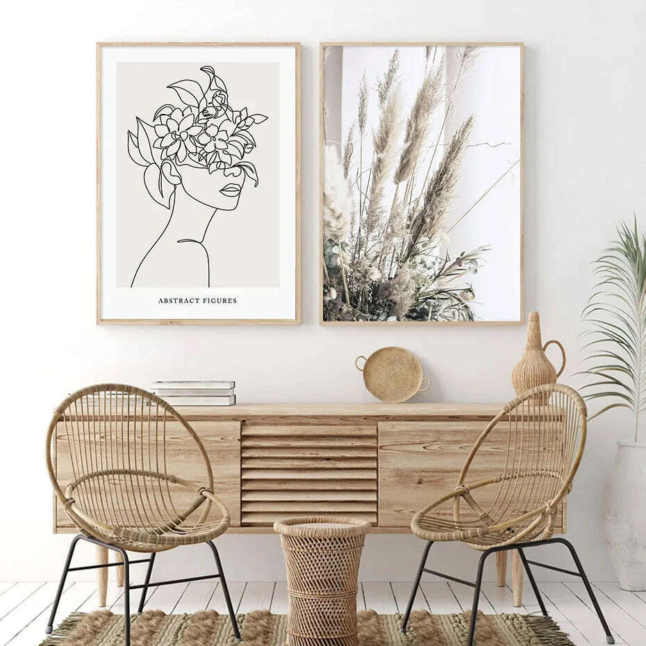 Boho Abstract Figures Couple Sketch Line Floral Poster Wall Art Canvas Painting Picture Prints Bedroom Home Interior Decoration - KIMLUD